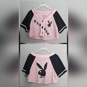 Playboy Bunny Baseball Crop Top Size M Pink Black Logo Spellout Graphic Coquette